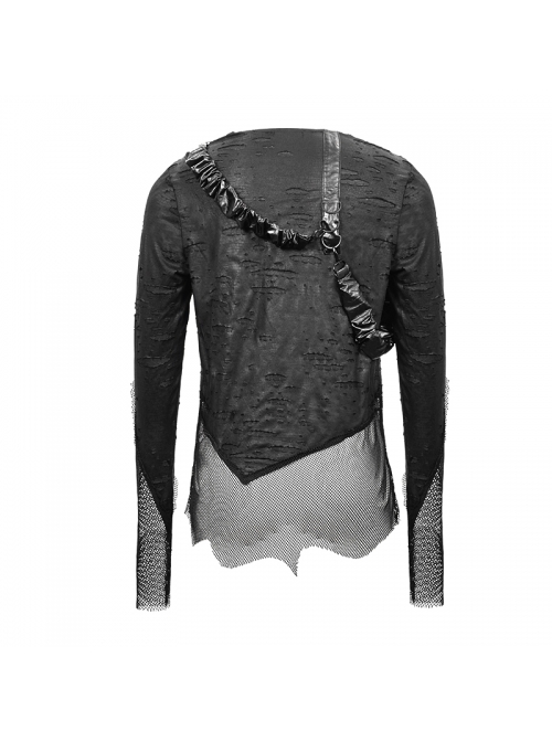 Broken Holes Mesh Splicing Pleated Leather Loop Irregular Hem Black Punk  T-Shirts