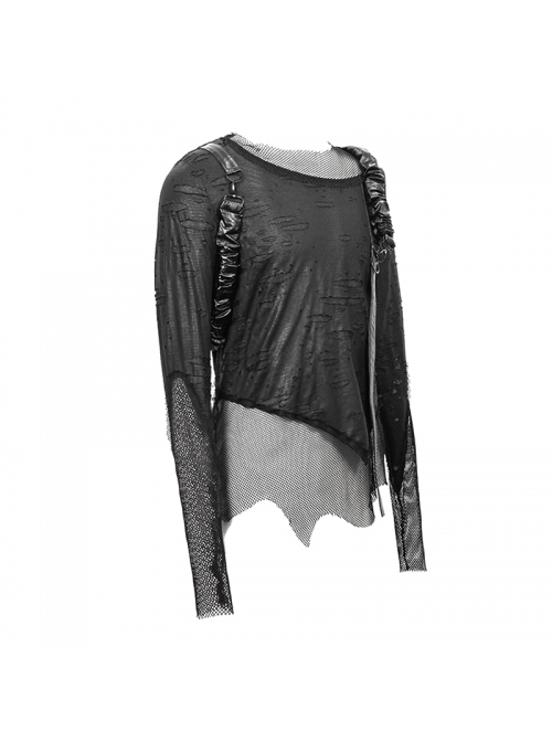 Broken Holes Mesh Splicing Pleated Leather Loop Irregular Hem Black Punk  T-Shirts