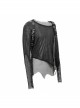 Broken Holes Mesh Splicing Pleated Leather Loop Irregular Hem Black Punk  T-Shirts