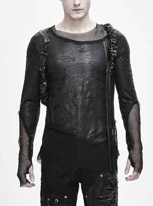 Broken Holes Mesh Splicing Pleated Leather Loop Irregular Hem Black Punk  T-Shirts