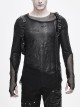Broken Holes Mesh Splicing Pleated Leather Loop Irregular Hem Black Punk  T-Shirts
