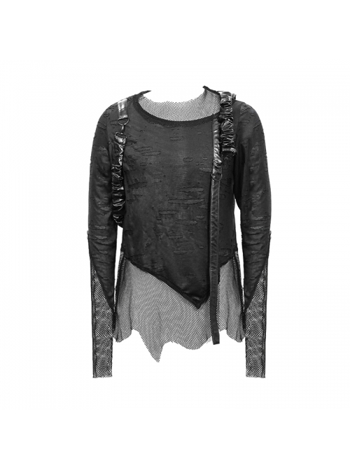 Broken Holes Mesh Splicing Pleated Leather Loop Irregular Hem Black Punk  T-Shirts