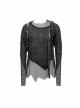 Broken Holes Mesh Splicing Pleated Leather Loop Irregular Hem Black Punk  T-Shirts