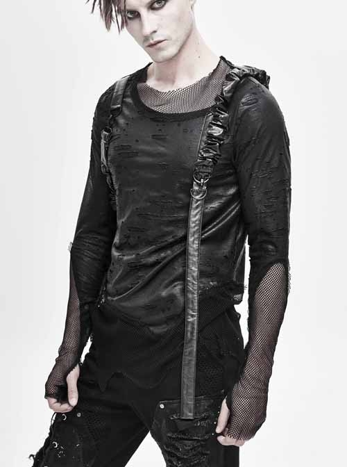 Broken Holes Mesh Splicing Pleated Leather Loop Irregular Hem Black Punk  T-Shirts