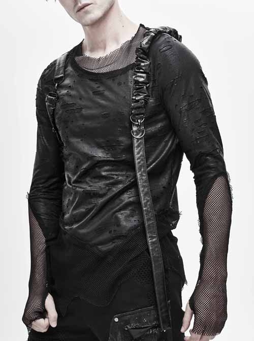 Broken Holes Mesh Splicing Pleated Leather Loop Irregular Hem Black Punk  T-Shirts