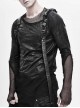 Broken Holes Mesh Splicing Pleated Leather Loop Irregular Hem Black Punk  T-Shirts