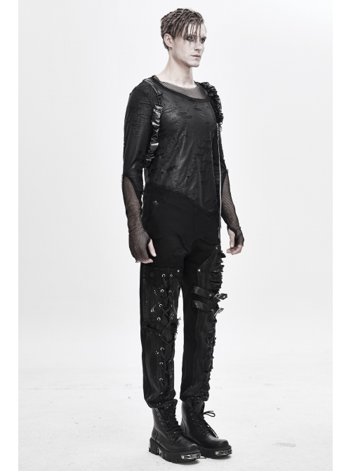 Broken Holes Mesh Splicing Pleated Leather Loop Irregular Hem Black Punk  T-Shirts