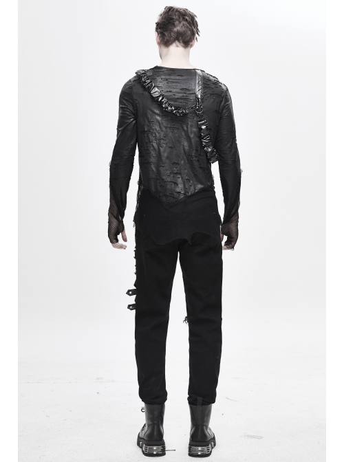 Broken Holes Mesh Splicing Pleated Leather Loop Irregular Hem Black Punk  T-Shirts
