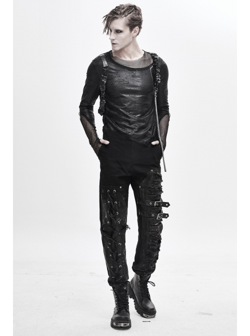 Broken Holes Mesh Splicing Pleated Leather Loop Irregular Hem Black Punk  T-Shirts