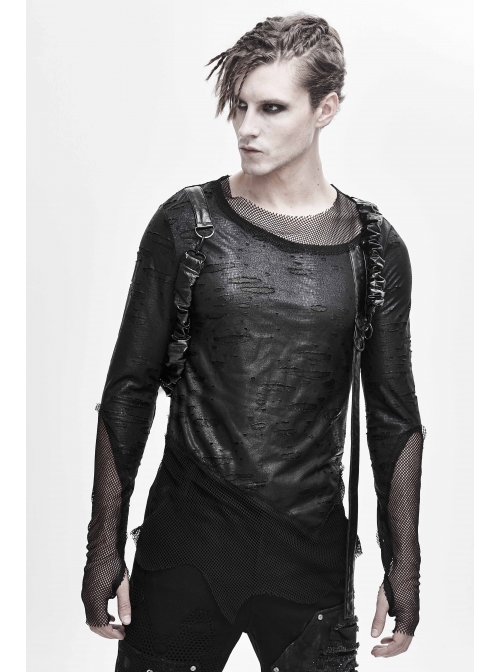 Broken Holes Mesh Splicing Pleated Leather Loop Irregular Hem Black Punk  T-Shirts