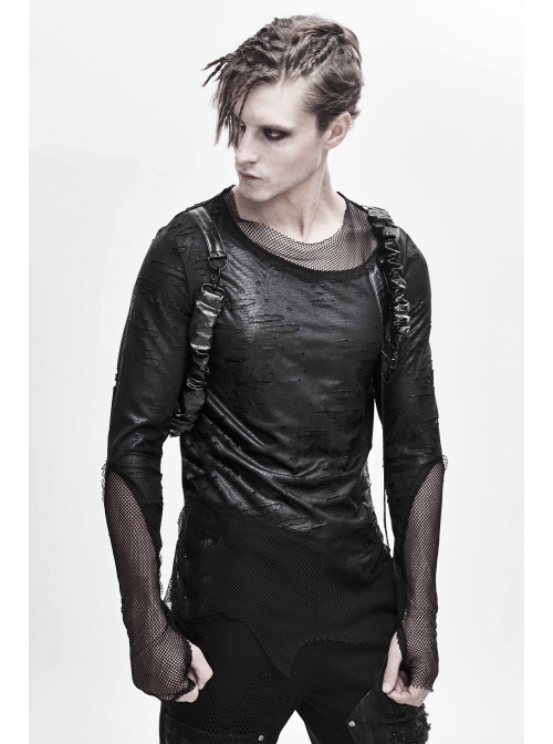 Broken Holes Mesh Splicing Pleated Leather Loop Irregular Hem Black Punk  T-Shirts