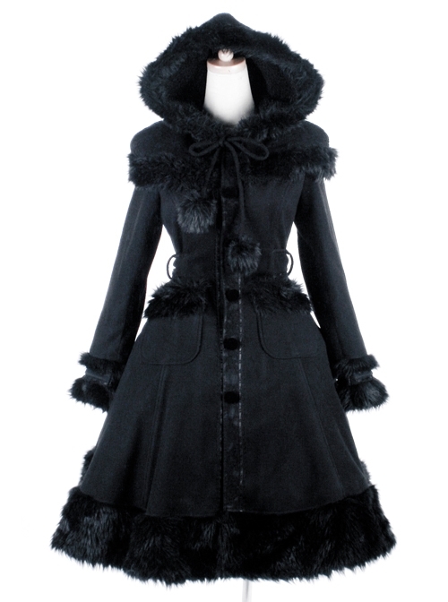 Gothic Female Black Retro Patterned Plaid Hooded Shawl Medium Long Coat