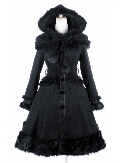 Gothic Female Black Retro Patterned Plaid Hooded Shawl Medium Long Coat