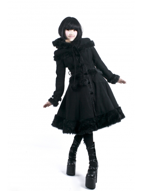 Gothic Female Black Retro Patterned Plaid Hooded Shawl Medium Long Coat