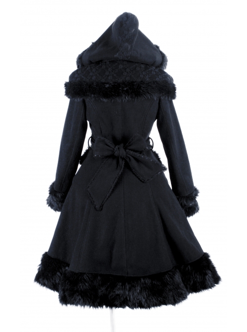 Gothic Female Black Retro Patterned Plaid Hooded Shawl Medium Long Coat