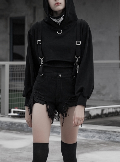 Steam Punk Casual Female Black Detachable Belt Irregular Patterned Shorts