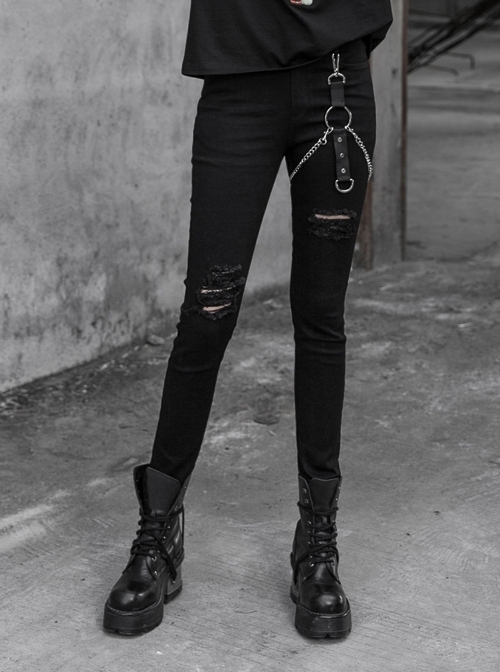Steam Punk Female Black Metal Chains Ripped Skinny Jeans