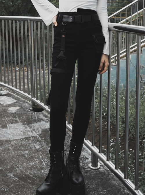 Steam Punk Diablo War-Hee Female Detachable Loop Denim Skinny Jeans