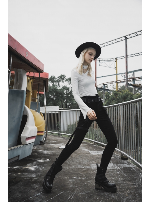 Steam Punk Diablo War-Hee Female Detachable Loop Denim Skinny Jeans