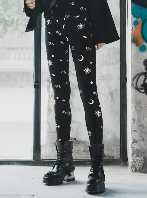 Steam Punk Female Black Irregular Patterned Printing Elastic Leggings