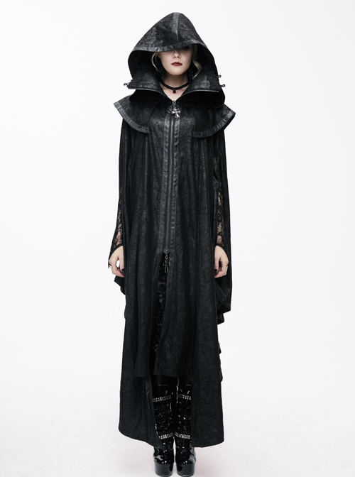 Gothic Oversized Double Shawl Game Style Court Lace Collar Hooded Black Glued Suede Cloak