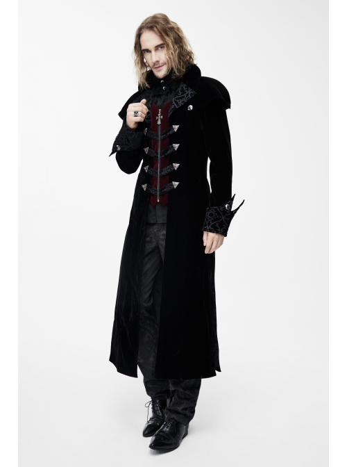 Gothic Triangle Metal Button Wine Velveteen Fake Two Pieces Shawl Collar Black Velveteen Coats