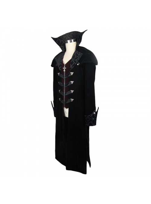 Gothic Triangle Metal Button Wine Velveteen Fake Two Pieces Shawl Collar Black Velveteen Coats