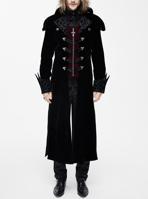 Gothic Triangle Metal Button Wine Velveteen Fake Two Pieces Shawl Collar Black Velveteen Coats