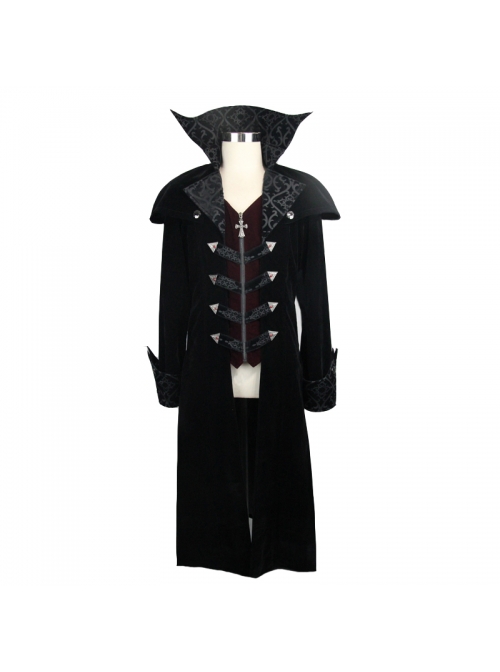 Gothic Triangle Metal Button Wine Velveteen Fake Two Pieces Shawl Collar Black Velveteen Coats