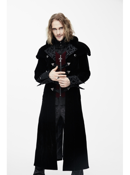 Gothic Triangle Metal Button Wine Velveteen Fake Two Pieces Shawl Collar Black Velveteen Coats