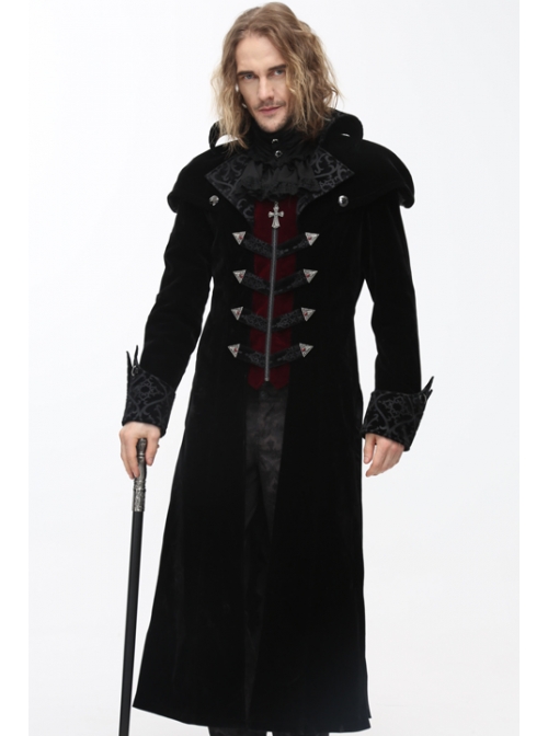 Gothic Triangle Metal Button Wine Velveteen Fake Two Pieces Shawl Collar Black Velveteen Coats