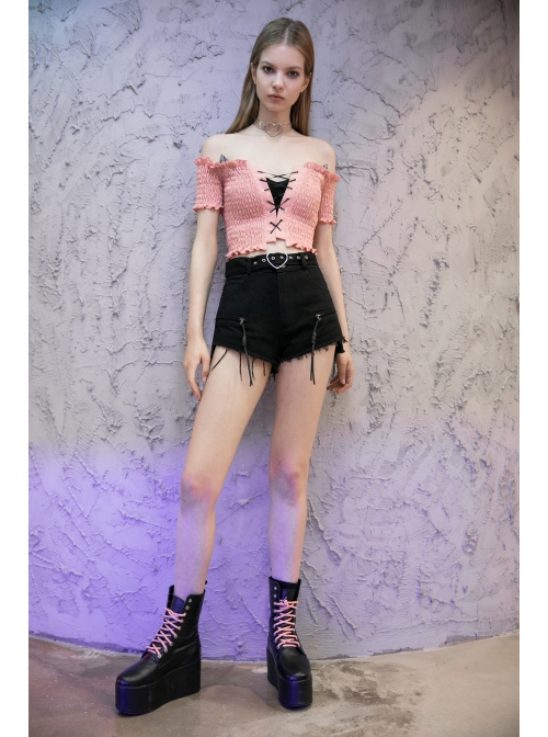 Steam Punk Female Casual Heart Belt Metal Zipper Shorts