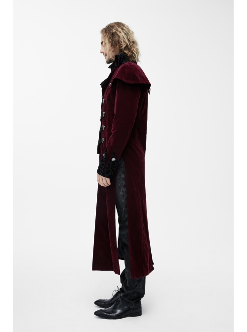 Gothic Triangle Metal Button Black Velveteen Fake Two Pieces Shawl Collar Wine Velveteen Coats