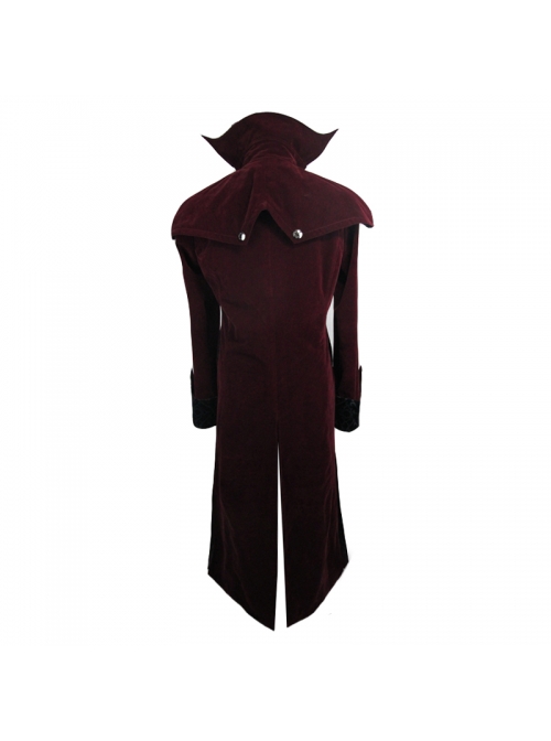 Gothic Triangle Metal Button Black Velveteen Fake Two Pieces Shawl Collar Wine Velveteen Coats