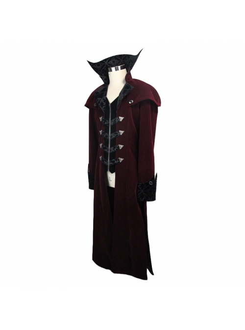 Gothic Triangle Metal Button Black Velveteen Fake Two Pieces Shawl Collar Wine Velveteen Coats
