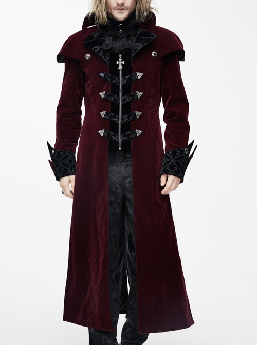 Gothic Triangle Metal Button Black Velveteen Fake Two Pieces Shawl Collar Wine Velveteen Coats