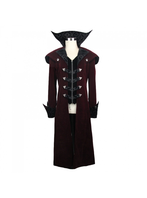Gothic Triangle Metal Button Black Velveteen Fake Two Pieces Shawl Collar Wine Velveteen Coats
