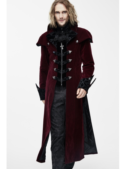 Gothic Triangle Metal Button Black Velveteen Fake Two Pieces Shawl Collar Wine Velveteen Coats