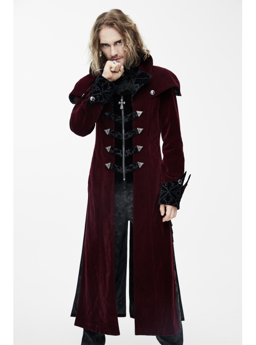 Gothic Triangle Metal Button Black Velveteen Fake Two Pieces Shawl Collar Wine Velveteen Coats