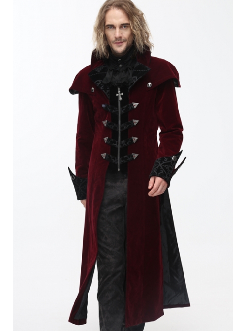 Gothic Triangle Metal Button Black Velveteen Fake Two Pieces Shawl Collar Wine Velveteen Coats