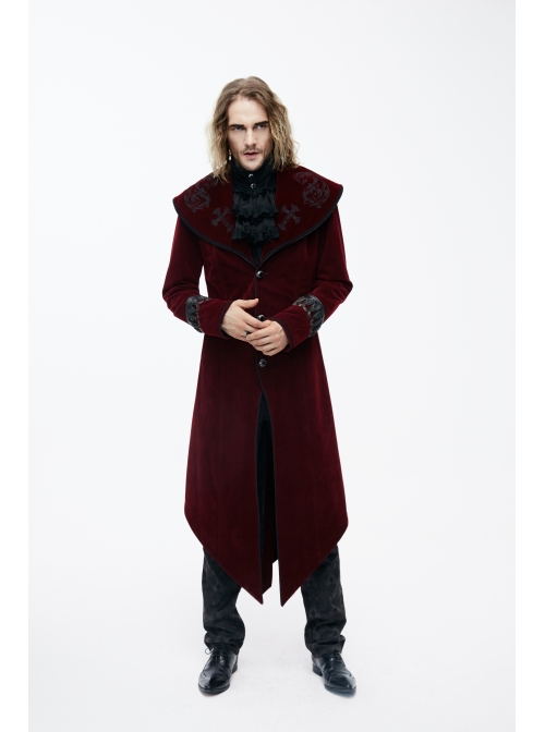 Gothic Triangle Metal Button Black Velveteen Fake Two Pieces Shawl Collar Wine Velveteen Coats
