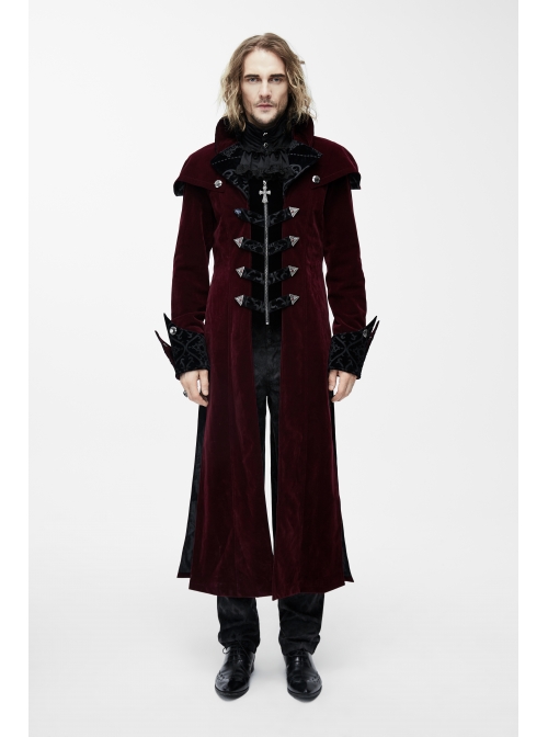 Gothic Triangle Metal Button Black Velveteen Fake Two Pieces Shawl Collar Wine Velveteen Coats