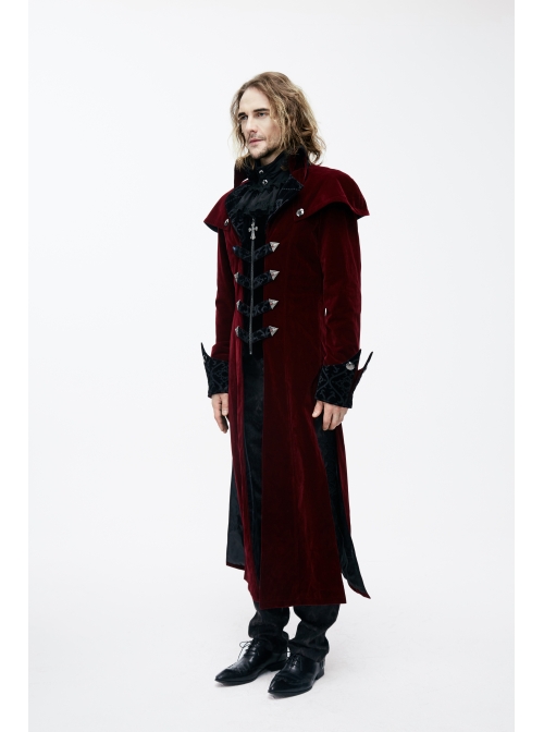 Gothic Triangle Metal Button Black Velveteen Fake Two Pieces Shawl Collar Wine Velveteen Coats