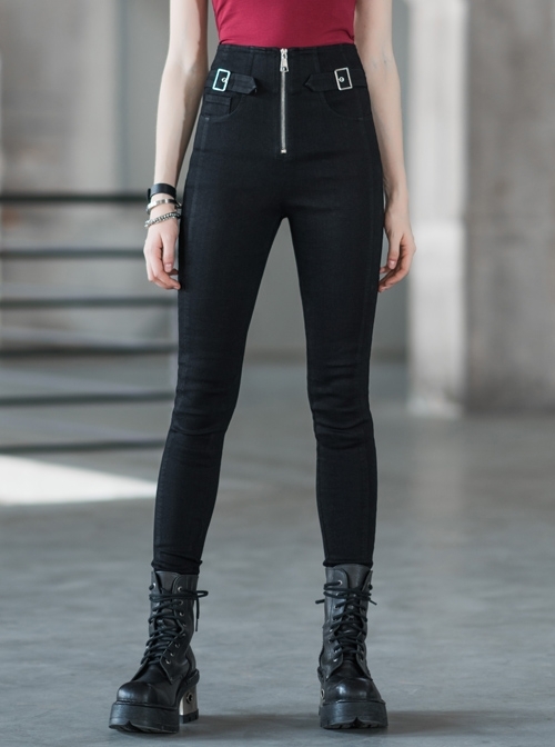 Steam Punk Female High Waist Long Zipper Metal Buckle Denim Pants