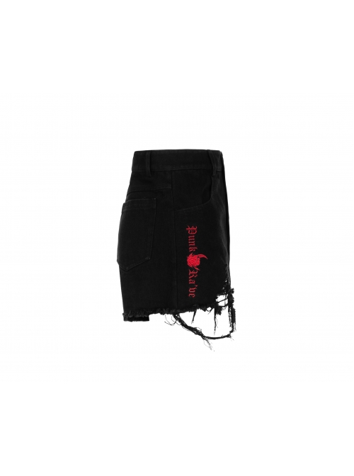 Steam Punk Casual Female Rose Embroidery Black Denim Shorts
