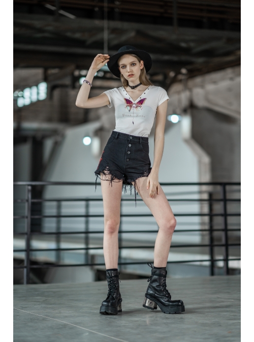 Steam Punk Casual Female Rose Embroidery Black Denim Shorts