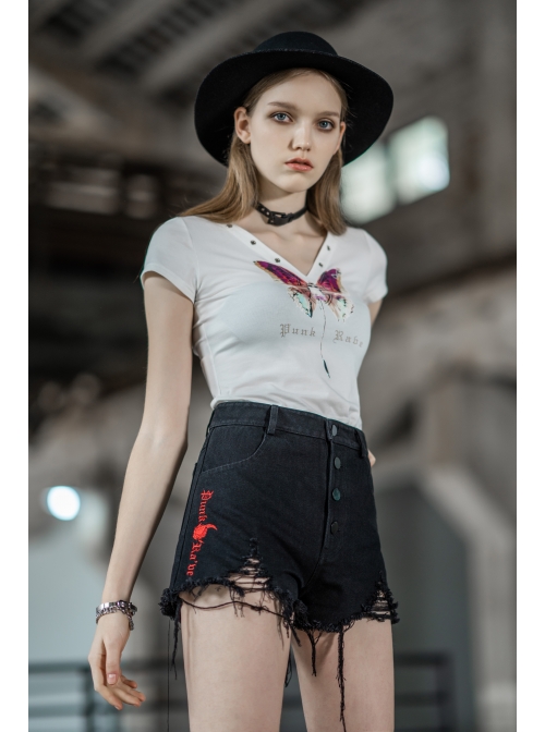 Steam Punk Casual Female Rose Embroidery Black Denim Shorts