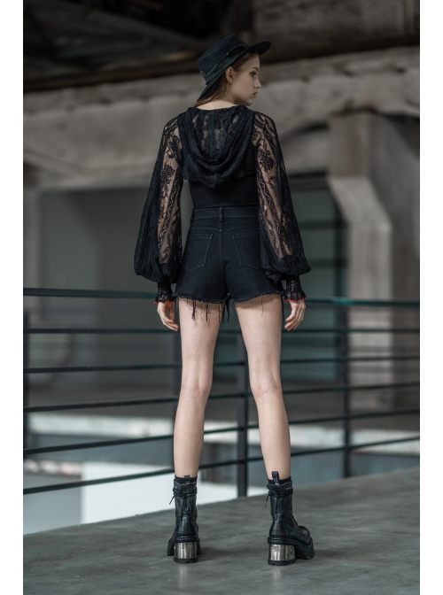 Steam Punk Casual Female Rose Embroidery Black Denim Shorts