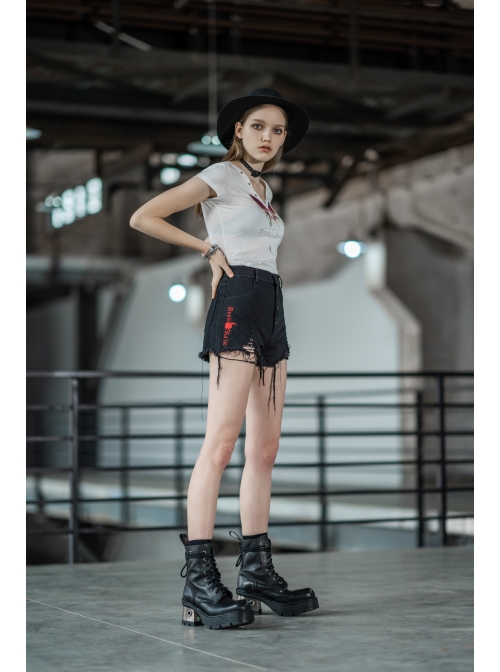 Steam Punk Casual Female Rose Embroidery Black Denim Shorts