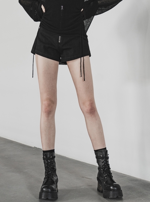 Steam Punk Casual Female High Waist Front Zipper Leather Belt Denim Shorts